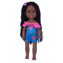 Afropoupée - Poupée noire Mila en maillot bleu et rose avec des fraises
