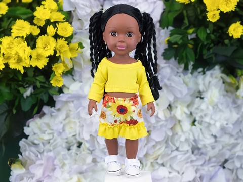 Afropoupée - Poupée noire Léna aux fleurs jaunes